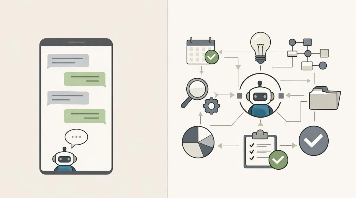Editorial illustration comparing a simple chat interface with a workflow-oriented AI agent system using abstract tools and task icons