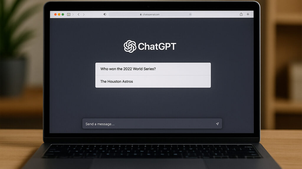 Laptop displaying ChatGPT interface on a desk in a modern workspace.