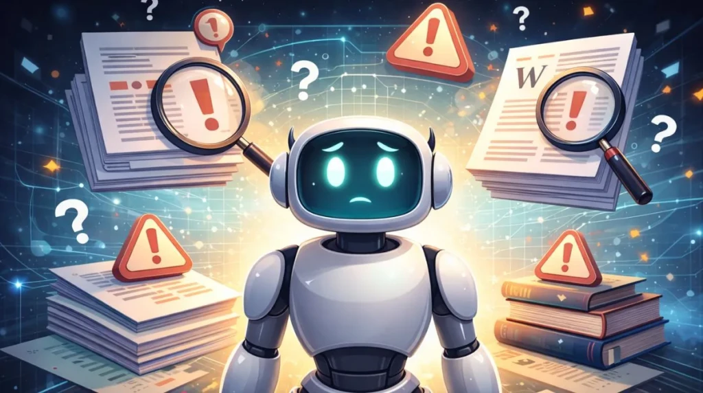 Illustration showing ChatGPT surrounded by documents and warning symbols highlighting chatgpt grokipedia accuracy concerns