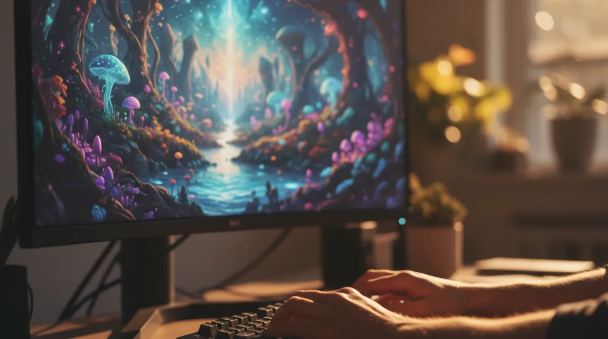 Close-up of hands typing a prompt on a keyboard while an AI-generated image renders on a wide monitor screen