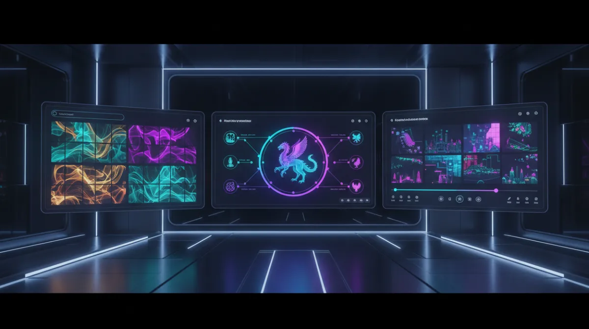 Three glowing AI image generator interface screens side by side in a dark tech environment representing ChatGPT, Midjourney, and Ideogram