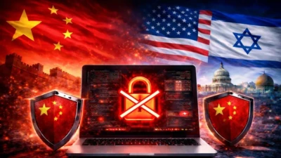 Digital illustration showing a laptop with a blocked padlock icon, Chinese shields, and separate China, U.S., and Israel flags representing a cybersecurity software ban.