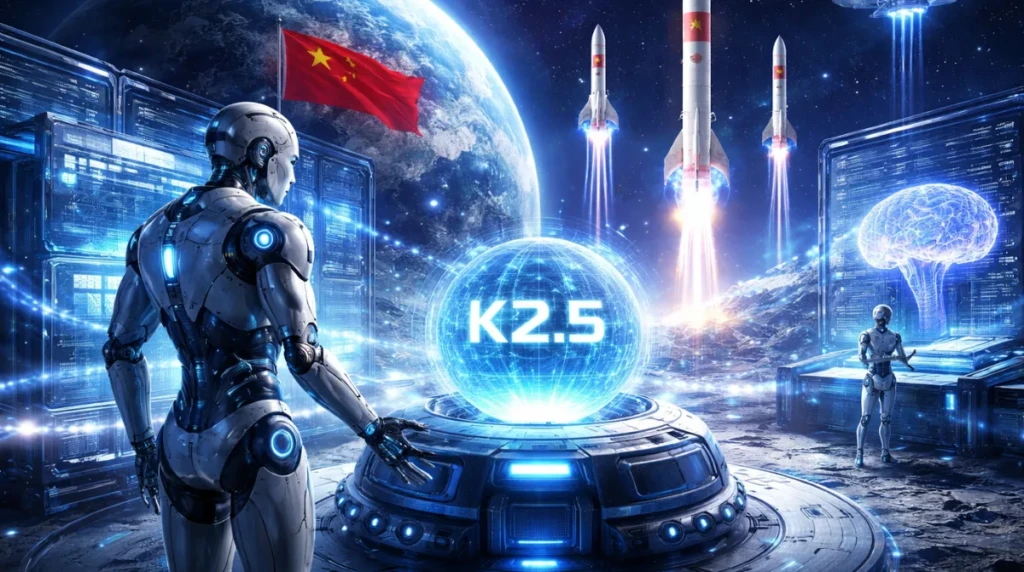 Futuristic illustration of China’s Moonshot AI showcasing advanced artificial intelligence, lunar setting, and next-generation computing