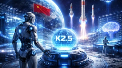 Futuristic illustration of China’s Moonshot AI showcasing advanced artificial intelligence, lunar setting, and next-generation computing