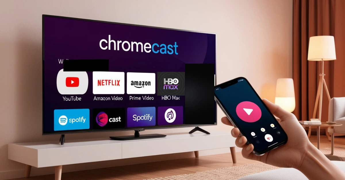 A living room with a TV streaming content using Chromecast, while a person controls it from their smartphone.