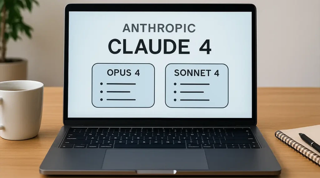 Laptop displaying Claude 4 with Opus 4 and Sonnet 4 interface.