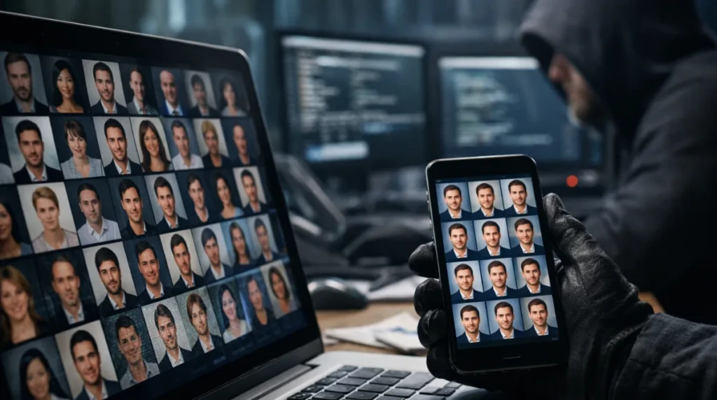 Cybersecurity analyst reviewing multiple fake AI-generated profile accounts on laptop and smartphone during Claude Distillation Attacks investigation
