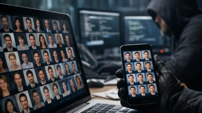 Cybersecurity analyst reviewing multiple fake AI-generated profile accounts on laptop and smartphone during Claude Distillation Attacks investigation