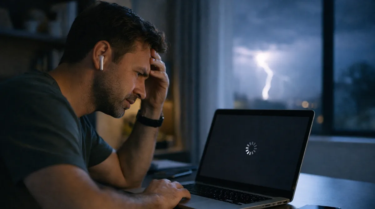 Man reacts to Claude outage as laptop shows Claude logo on black screen during repeated service disruption at night.