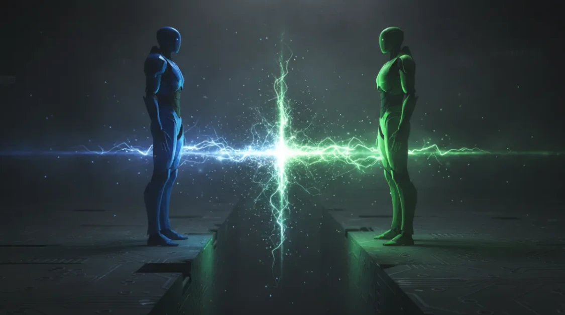 Two futuristic AI silhouettes in blue and green standing on opposite sides of a glowing dividing line, representing a direct comparison between Claude and ChatGPT