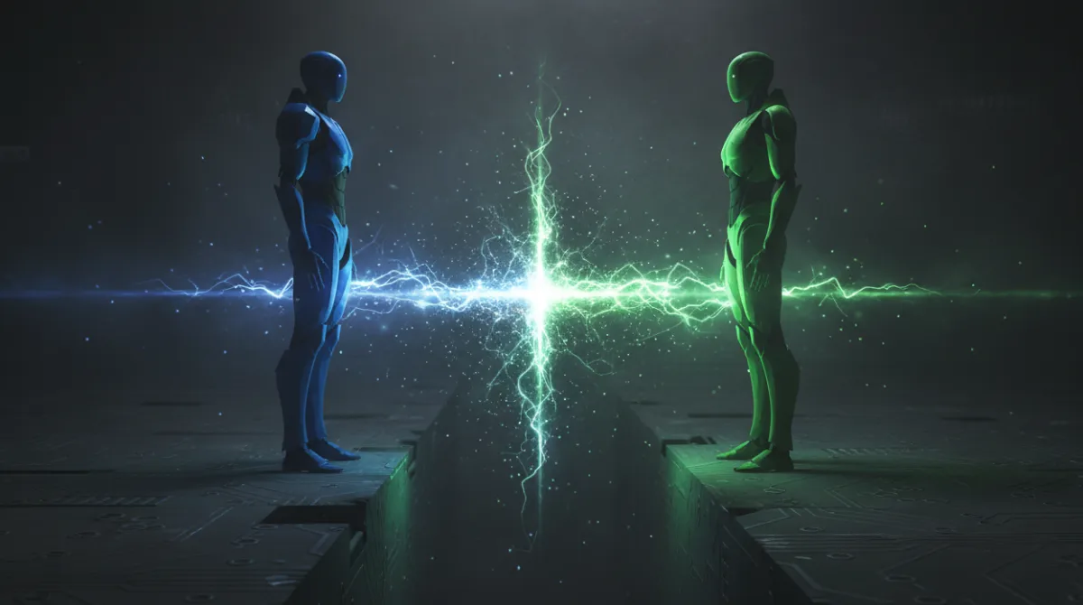 Two futuristic AI silhouettes in blue and green standing on opposite sides of a glowing dividing line, representing a direct comparison between Claude and ChatGPT