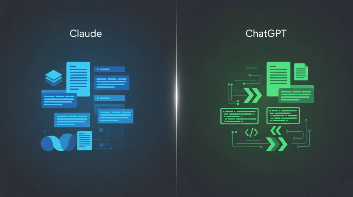 Split-screen illustration comparing Claude and ChatGPT AI assistants, showing structured writing on the left and dynamic coding iteration on the right