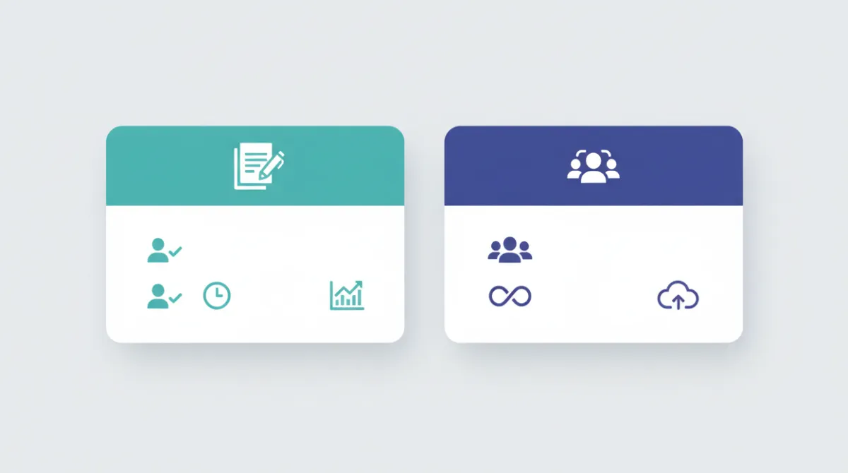 Two minimalist pricing cards side by side with feature icons representing AI tool pricing factors including usage limits, document handling, and team collaboration 