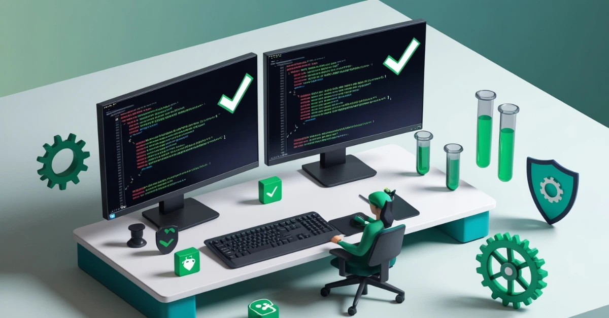 3D isometric illustration of a software developer's desk with monitors showing code and test results, surrounded by floating icons for bugs, checkmarks, gears, and QA tools.