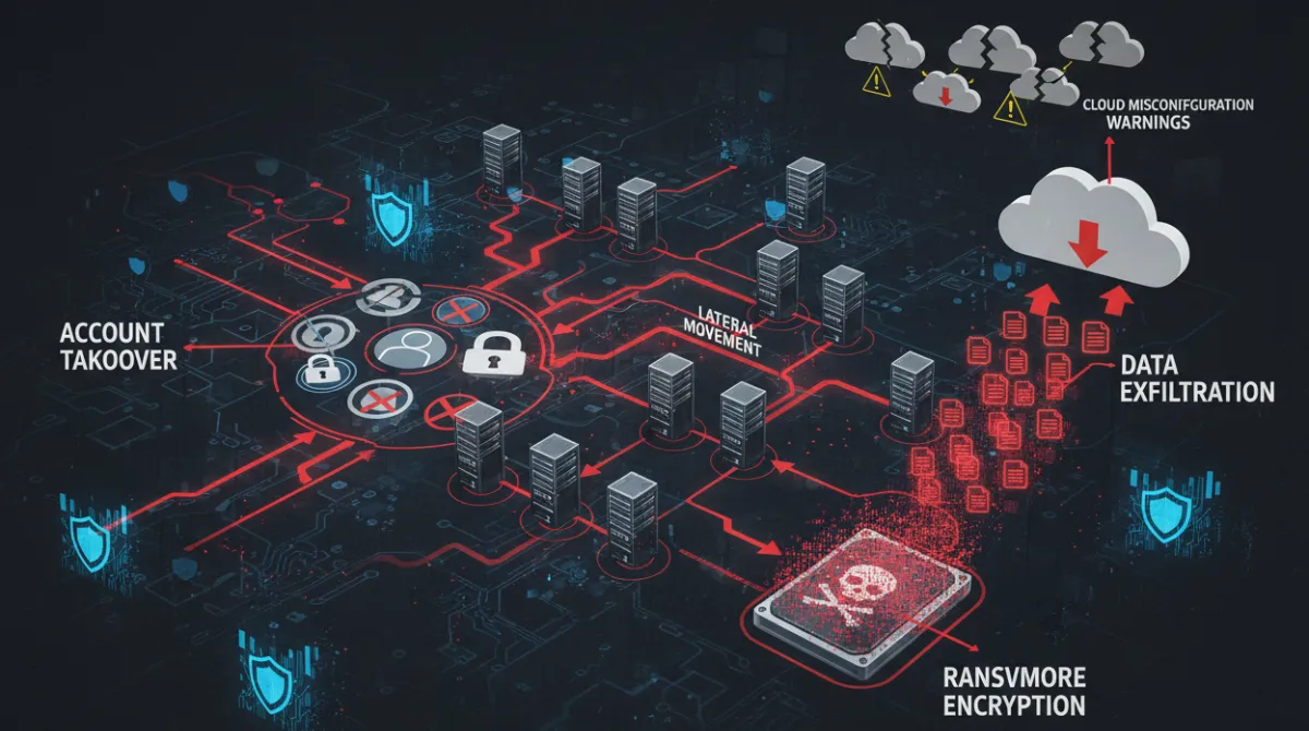 Visual map of common cybersecurity threats including account takeover, lateral movement, data exfiltration, ransomware, and cloud misconfiguration that AI security platforms detect and mitigate