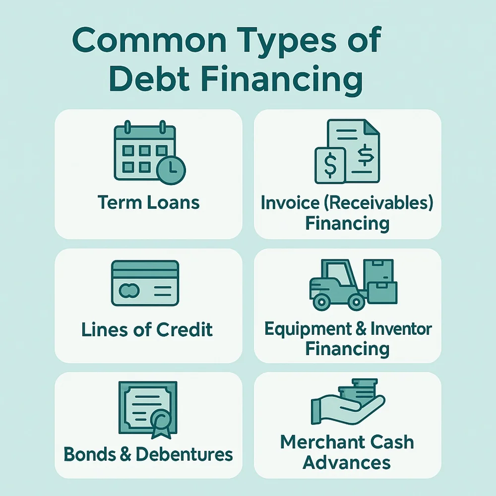  Visual guide showing six common types of debt financing with icons and labels. 