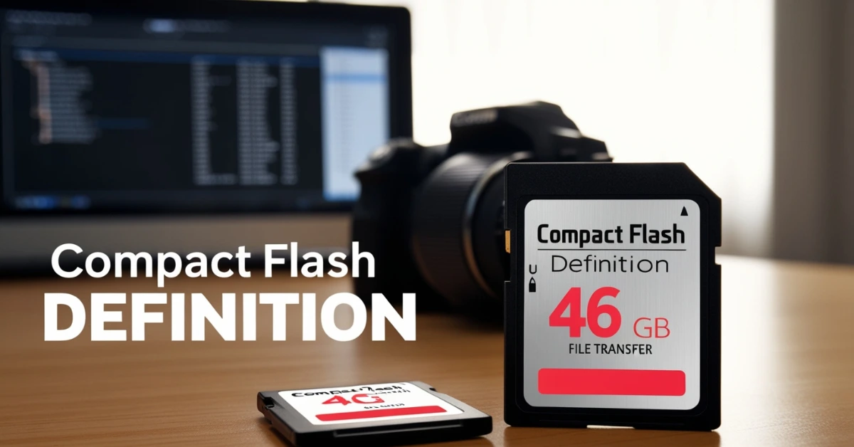 Close up of a Compact Flash memory card next to a DSLR camera on a wooden desk, with a blurred computer screen in the background showing file transfer, and a text overlay that reads 'Compact Flash Definition' in bold, vibrant font.