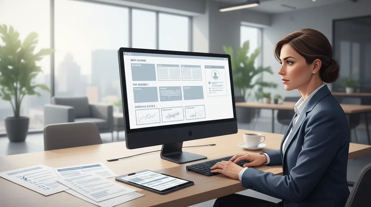 Editorial-style illustration of a content strategist reviewing a structured webpage wireframe with clear heading hierarchy, evidence sections, author profile panel, and planning checklists on a modern office desk