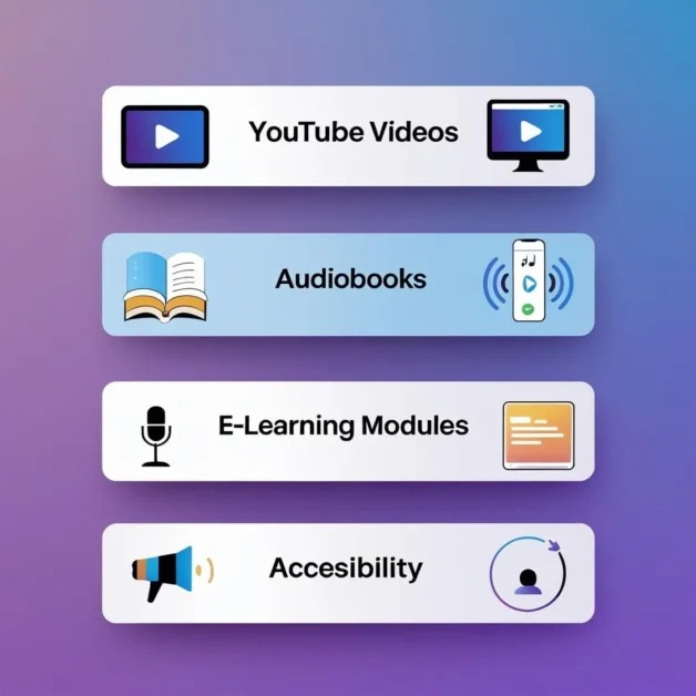 Infographic listing YouTube Videos, Audiobooks, E-Learning Modules, and Accessibility with icons.