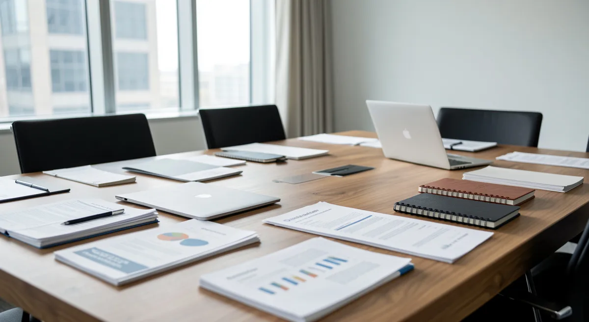 A modern corporate meeting room with a large conference table, laptops, notebooks, and printed business documents arranged for a professional meeting