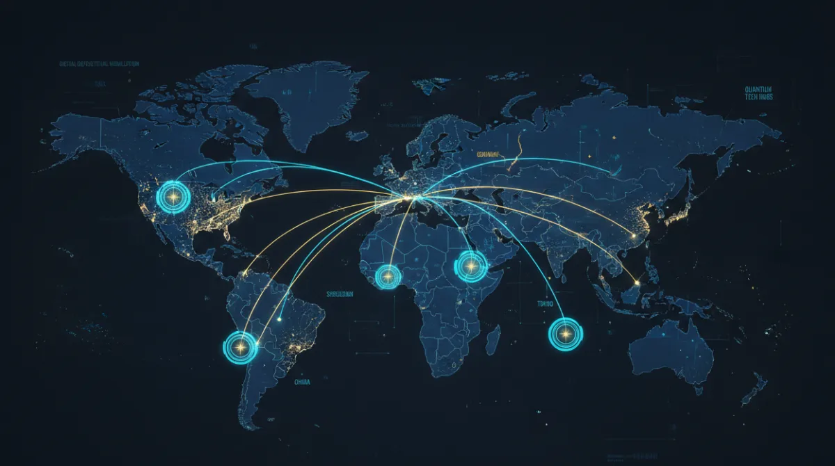 : World map with glowing investment flow lines highlighting major countries investing in quantum technology including the USA, China, Germany, Japan, and the UK