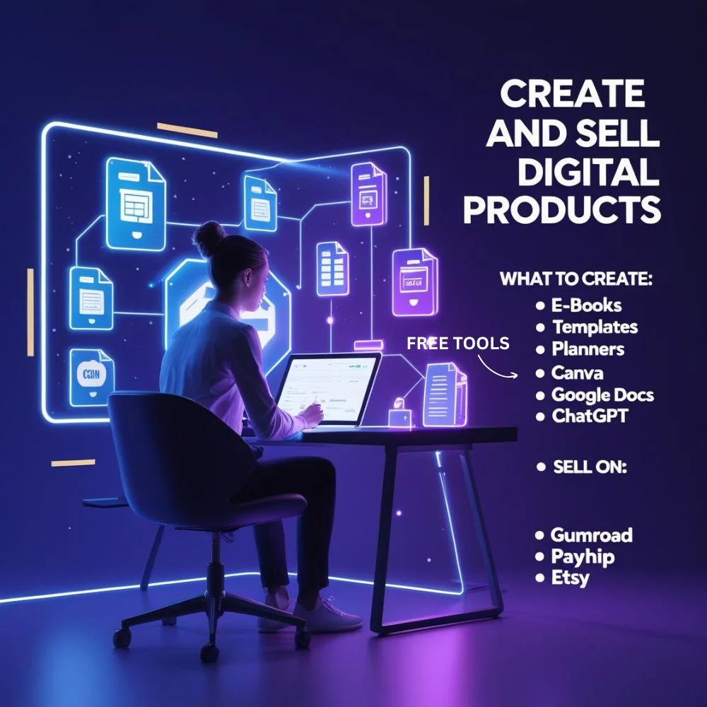 Woman using a computer to create and sell digital products with free tools.