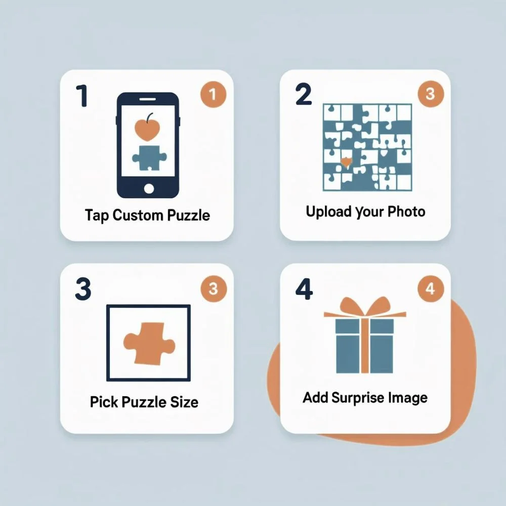 Steps to create a custom puzzle in Slidare: tap, upload photo, pick size, and add surprise image.