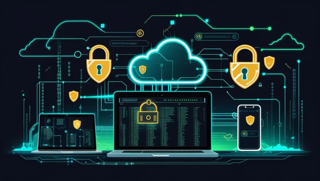 Cybersecurity illustration with devices, cloud, and padlocks symbolizing encrypted data.