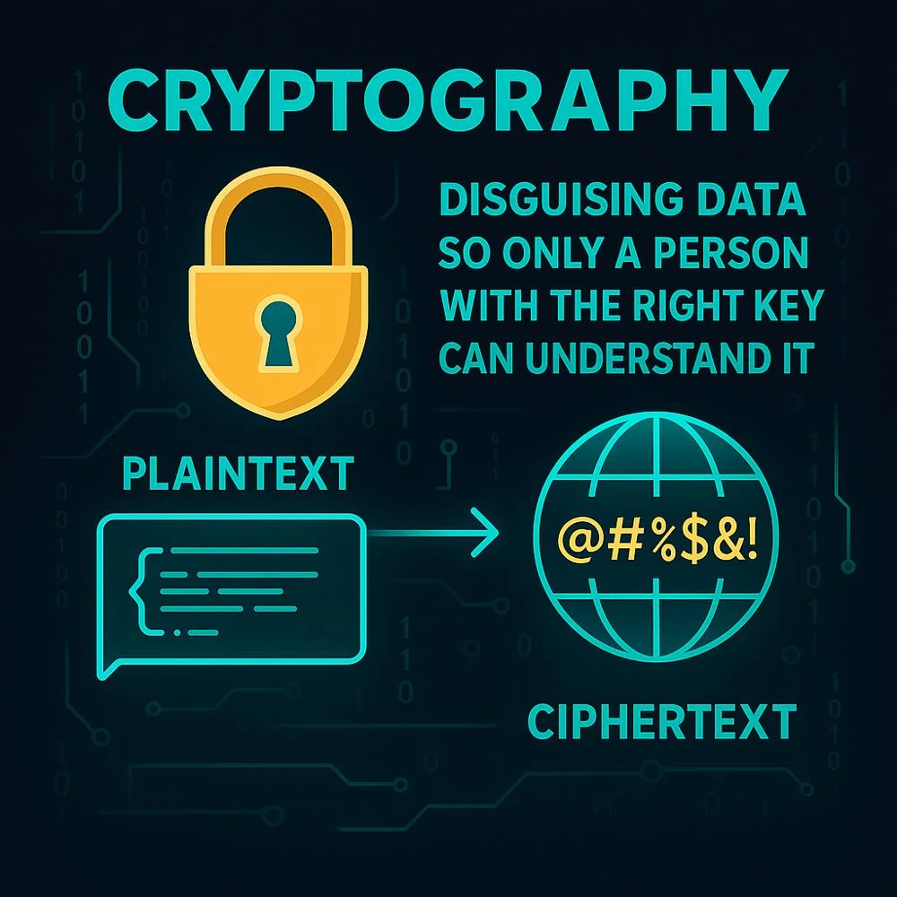 Infographic showing how plaintext is encrypted into ciphertext using cryptography.