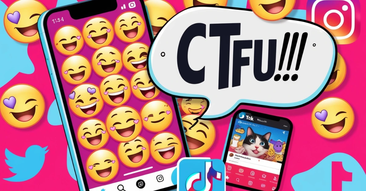 Smartphone screen with laughing emojis, "CTFU!!" text bubble, and social media icons representing how CTFU is used in texts and memes.
