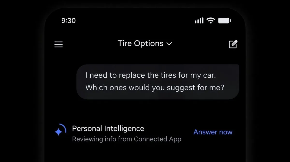 Dark mode mobile interface showing an AI assistant recommending car tire options using personal intelligence