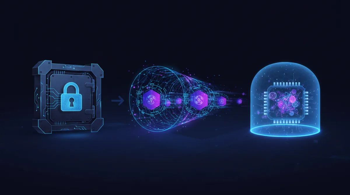 Conceptual illustration of data in three security states showing a locked vault for data at rest, encrypted packets for data in transit, and a CPU enclave shield protecting data in use