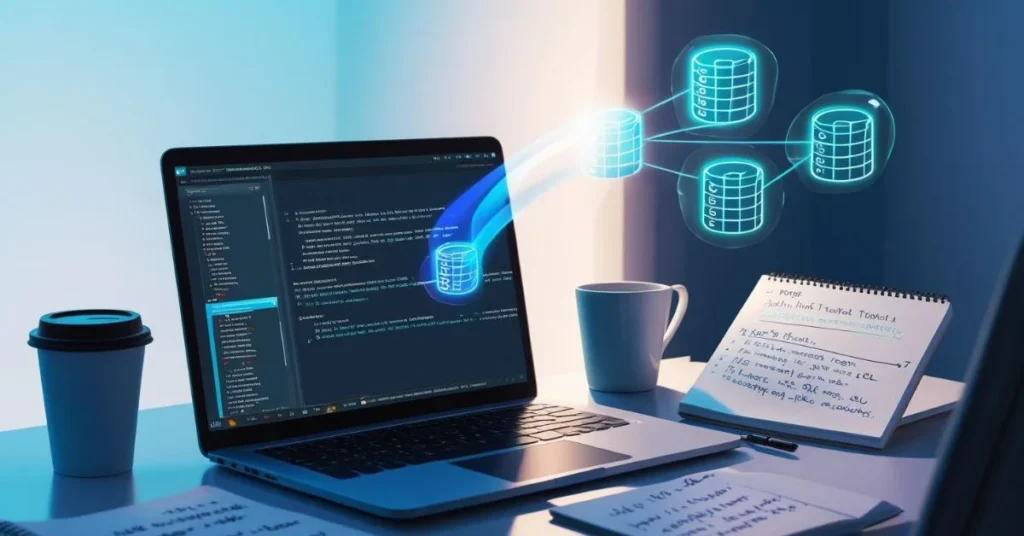 Laptop with DBMS tutorial and database icons.