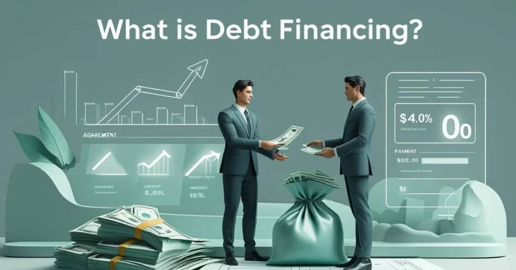 Businessmen exchanging money with loan charts and cash visuals, showing debt financing.