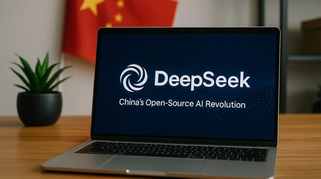 Laptop on desk displaying DeepSeek AI interface with Chinese flag in background.