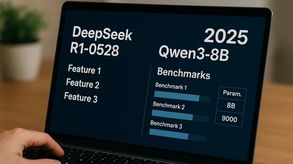 A laptop displaying AI performance benchmarks and technical features.