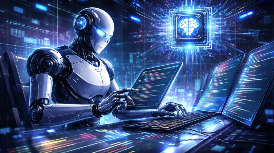 Futuristic AI system analyzing complex code on multiple screens, representing advanced coding performance and next-generation artificial intelligence