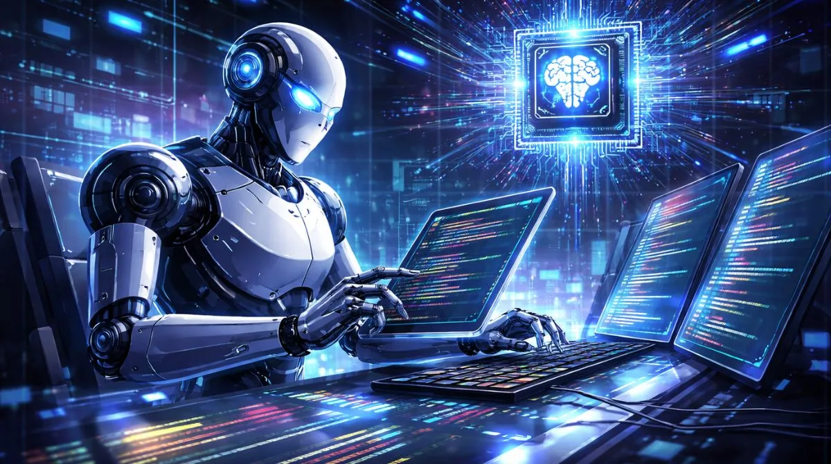 Futuristic AI system analyzing complex code on multiple screens, representing advanced coding performance and next-generation artificial intelligence