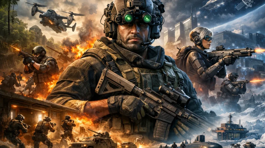 Cinematic action scene showing a Delta Force operator in combat with multiple environments including urban warfare, jungle battles, desert operations, and arctic missions