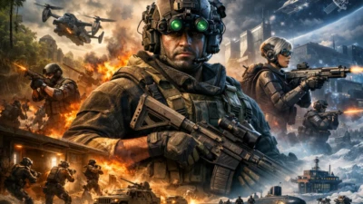 Cinematic action scene showing a Delta Force operator in combat with multiple environments including urban warfare, jungle battles, desert operations, and arctic missions