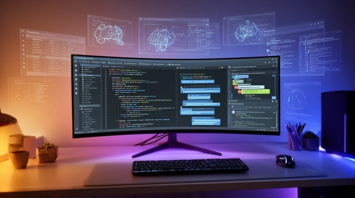 Professional developer workstation with ultrawide monitor showing IDE with AI assistance features including code completions, testing panels, and automated suggestions