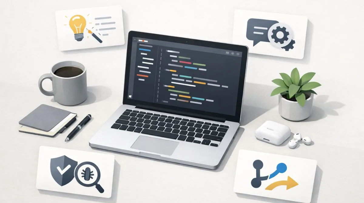 Clean editorial illustration of a developer workspace with a laptop showing a generic code editor and abstract AI tool icons for coding assistance, security scanning, chat reasoning, and pull request automation.