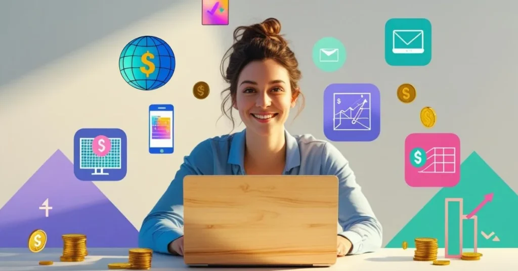 Woman using a laptop with digital marketing and finance icons floating around her.