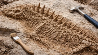 Dinosaur fossil with hollow skin spikes preserved in rock during excavation at a paleontology site
