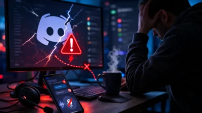 Frustrated user at desk facing Discord outage on monitor and phone with failed messages, channel issues, and voice disruption