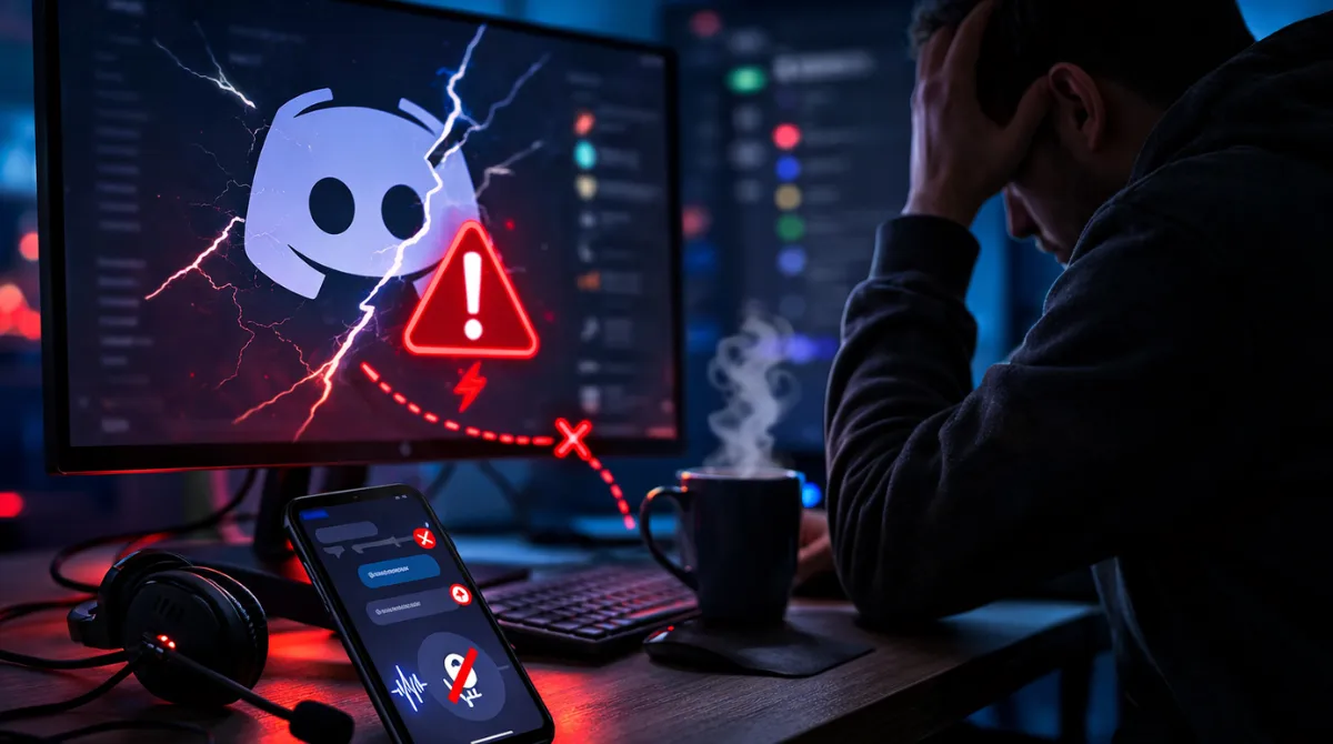 Frustrated user at desk facing Discord outage on monitor and phone with failed messages, channel issues, and voice disruption