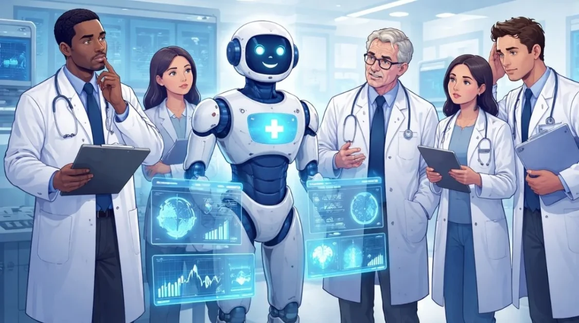 Doctors in a hospital discussing the role of artificial intelligence in healthcare alongside a medical AI system