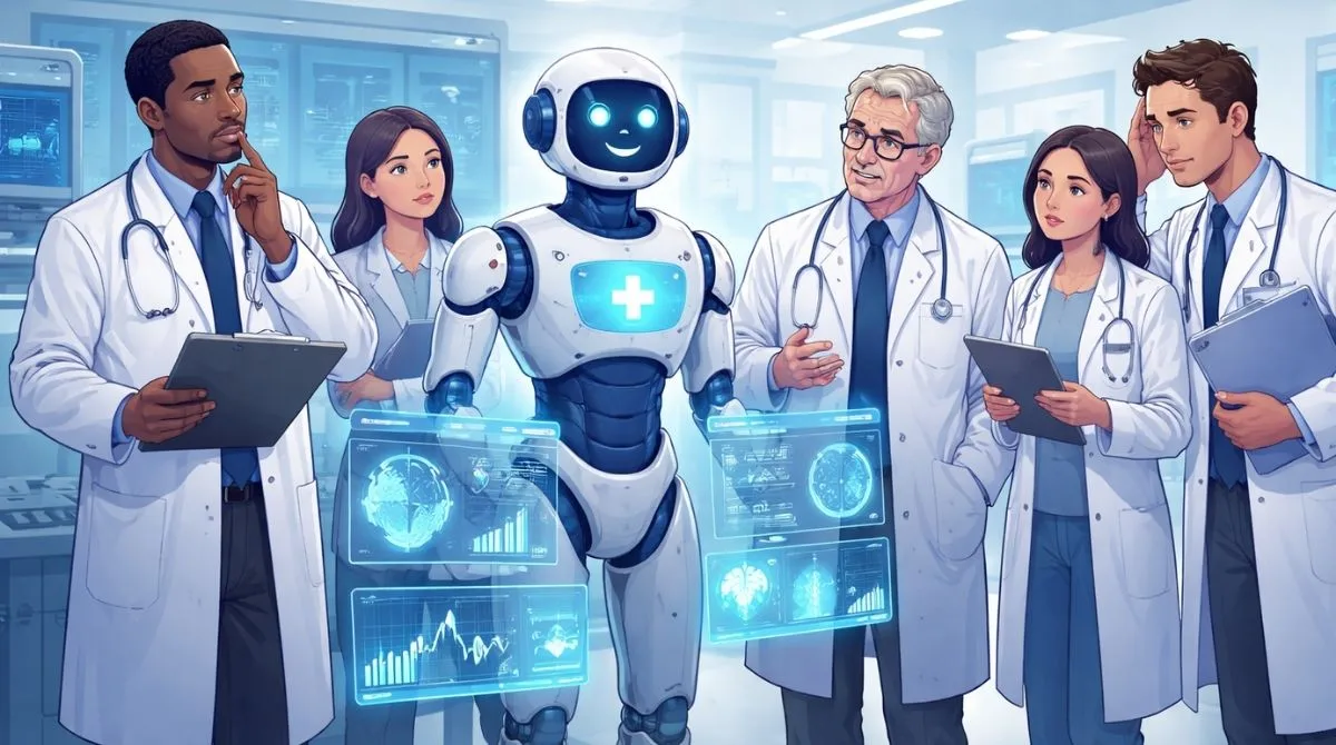 Doctors in a hospital discussing the role of artificial intelligence in healthcare alongside a medical AI system