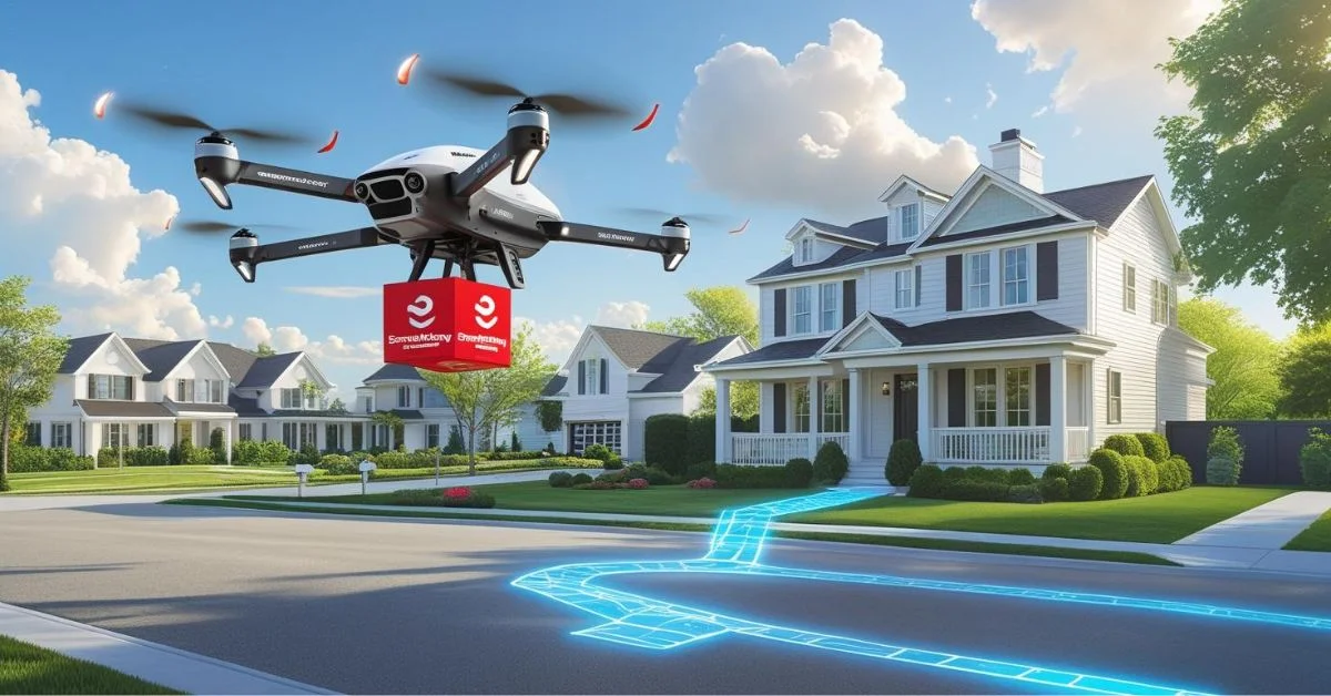 Drone delivering package to suburban home using GPS tracking.