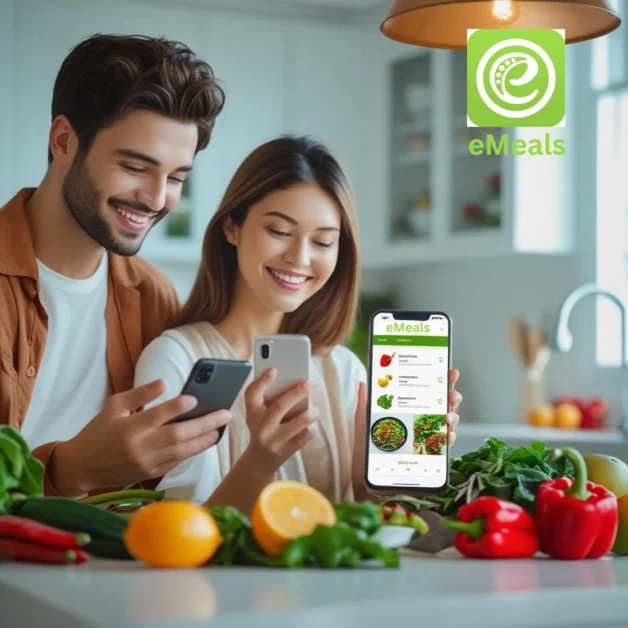 Person using meal planning app while grocery shopping.